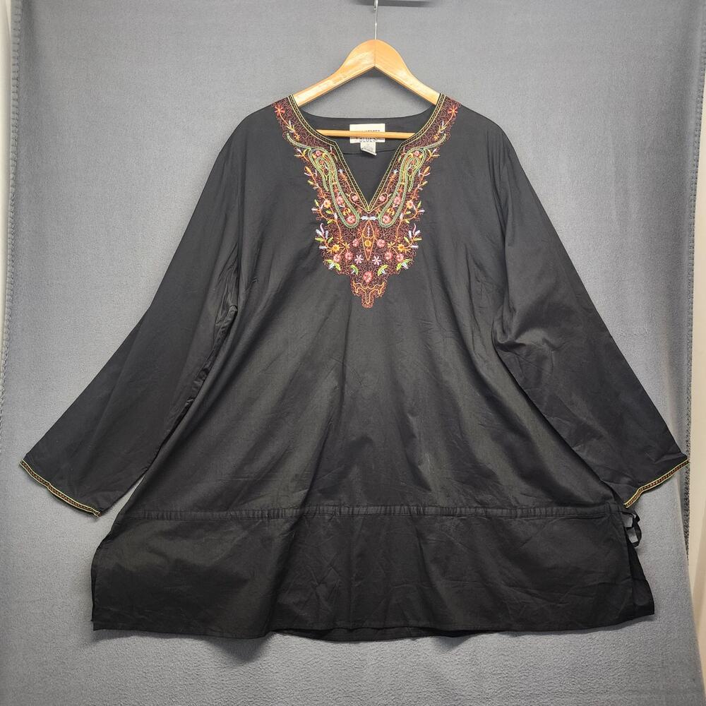 Mainstreet Blues Womens 2X Boho Embroidered Tunic Blouse Black Peasant Top